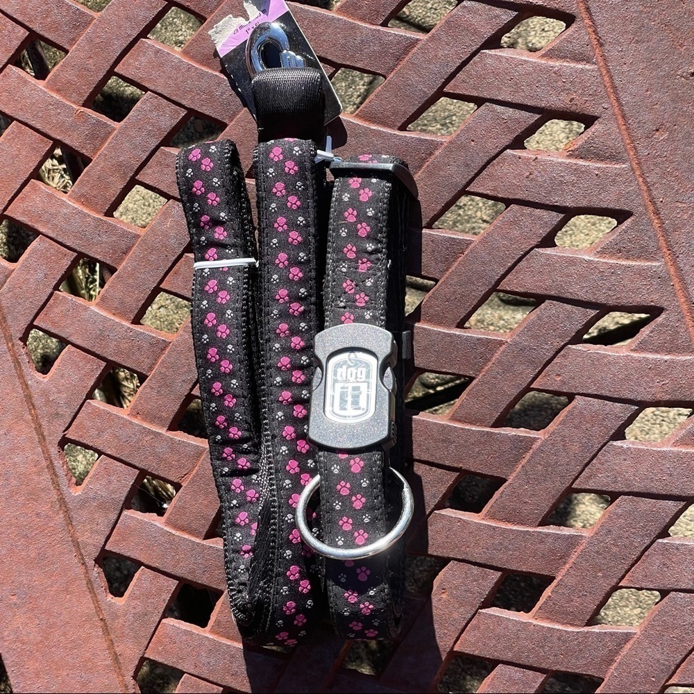 Dog It Collar & Leash Set Black With Pink & Gray Paw Prints, SilverTone…